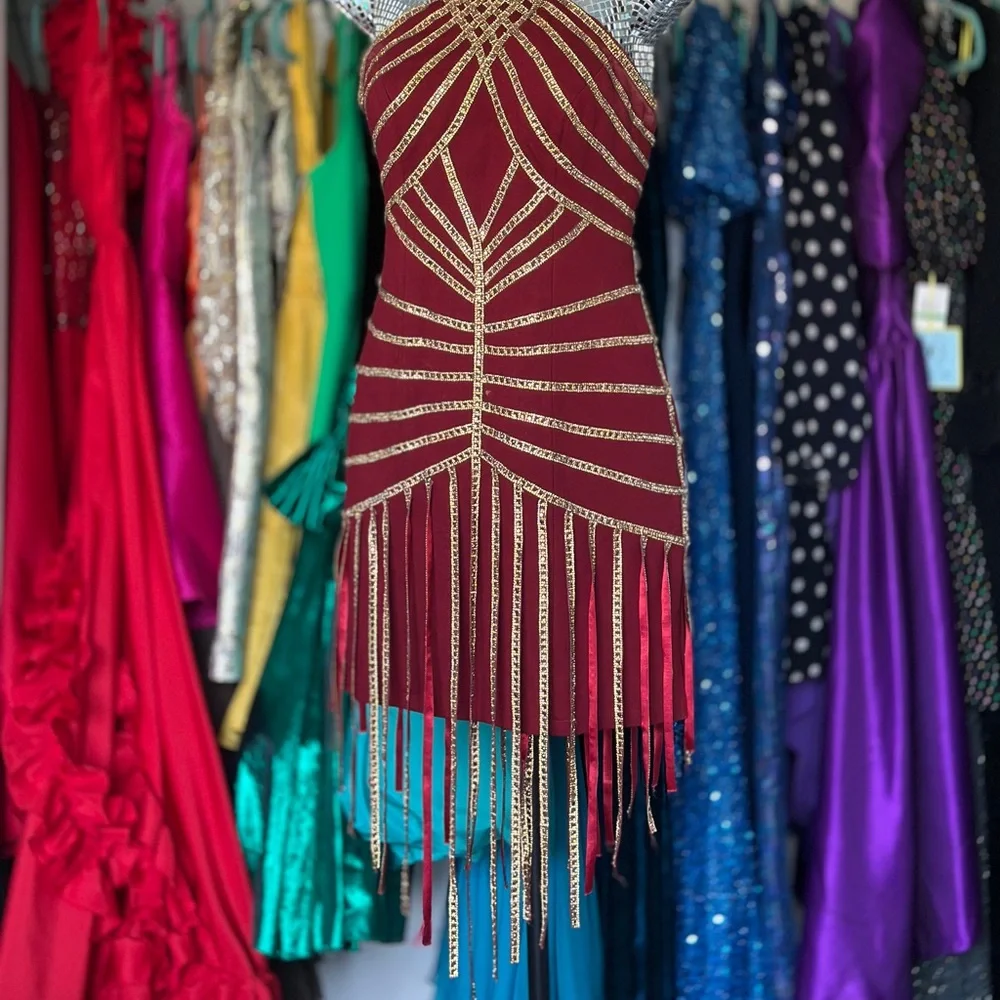 Halter Gold Burgundy Red Short Sparkle Fringe Showgirl Stage Dance Flapper Dress - Picture 3 of 12
